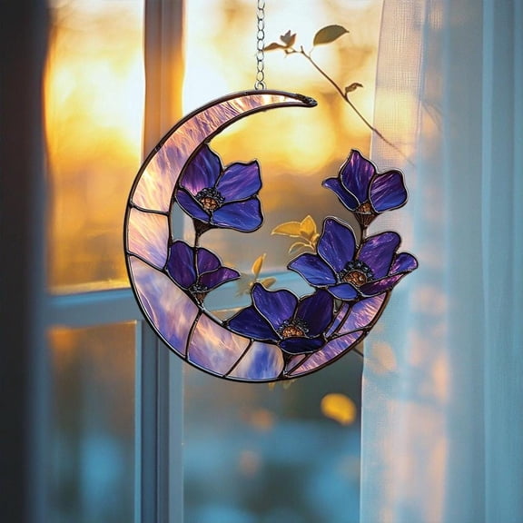 Moon & Purple Flower ACRYLIC Suncatcher – Crescent Faux Stained Glass Window Hanging, Boho Decor Gift for Mom or Her 1875731002 1801
