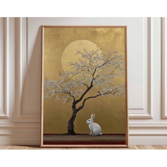 Moon Rabbit Japanese Cherry Blossom White Bunny Wall Art Print, Unframed Paper Poster 8x10in