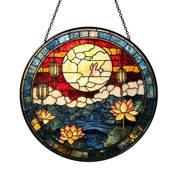 Moon Rabbit Stained Glass Suncatcher Window Hanging Decor, Fantasy Rabbit and Lotus Landscape Decorative Glass Panel Art, Night Sky Stained Glass Style Window Ornament, Artistic Window Decor Gift