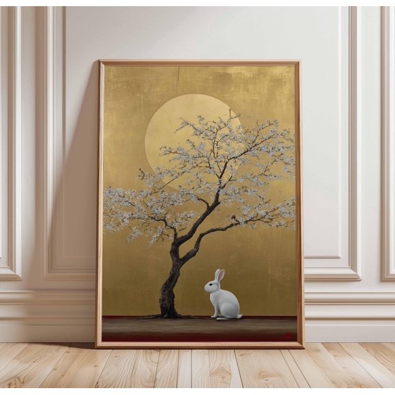 Moon Rabbit Wall Art, Japanese Cherry Blossom Poster, White Bunny Print, Minimalist Gold Animal Decor, Lunar New Year Rabbit Art, Poster Only
