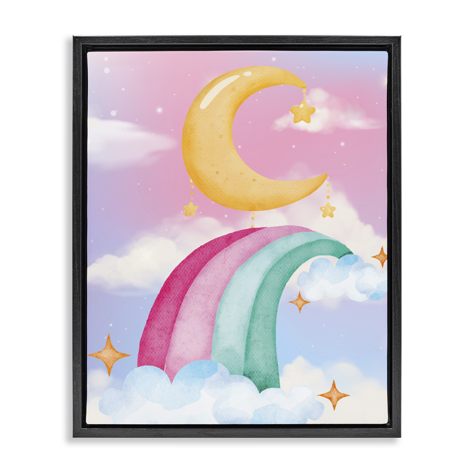 Moon Rainbow in Clouds Black Framed Floater Canvas Wall Art, design by Jesse Keith