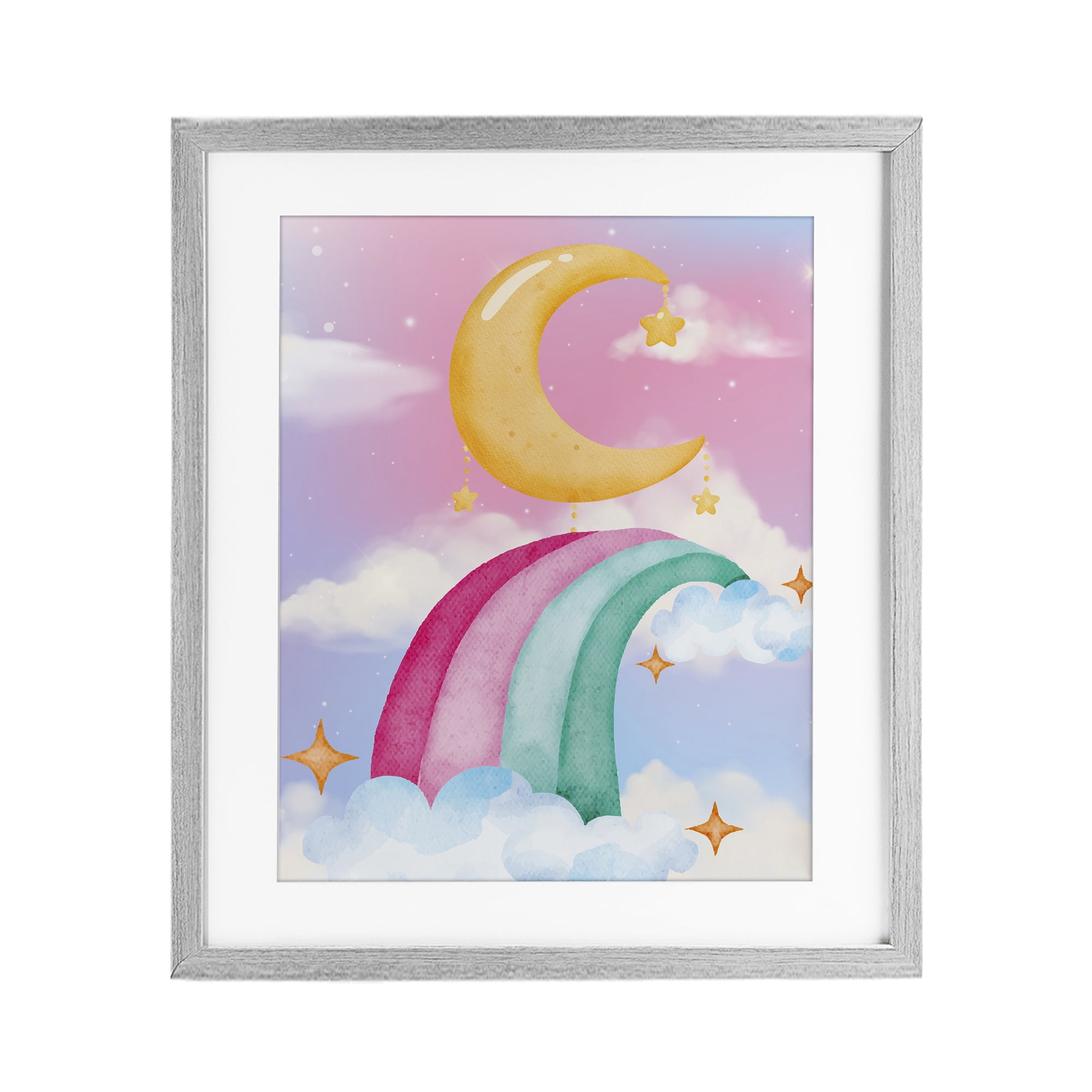 Moon Rainbow in Clouds Gray Framed Print Under Glass, design by Jesse Keith