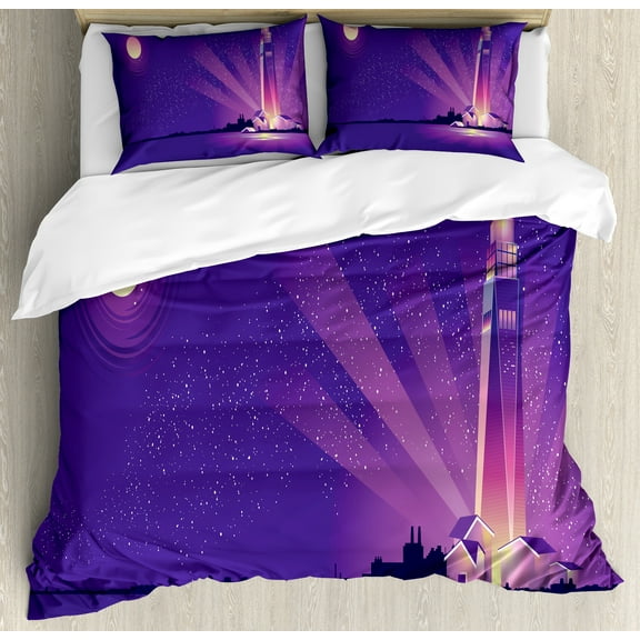 Moon Rays Duvet Cover Set, Lighthouse and Coast Under Starry Night, Decorative 3 Piece Bedding Set with 2 Pillow Shams, King Size, Blue Violet Pale Pink, by Ambesonne
