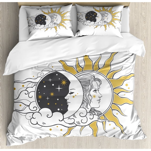 Moon Rays Duvet Cover Set, Portrait Image of a Woman in Sun and Crescent, Decorative 3 Piece Bedding Set with 2 Pillow Shams, Calking Size, Mustard Grey, by Ambesonne