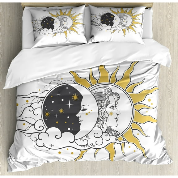 Moon Rays Duvet Cover Set, Portrait Image of a Woman in Sun and Crescent, Decorative 3 Piece Bedding Set with 2 Pillow Shams, King Size, Mustard Grey, by Ambesonne