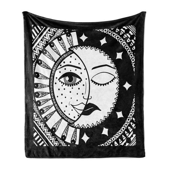 Moon Rays Soft Flannel Fleece Throw Blanket, Theme Inspired Sun and Crescent Depiction in Astrological Style, Cozy Plush for Indoor and Outdoor Use, 50" x 70", Charcoal Grey White, by Ambesonne