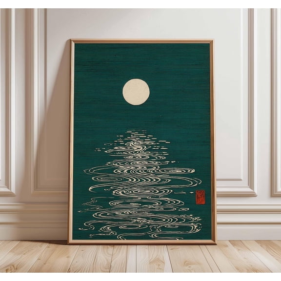 Moon Reflection Japanese Minimalist Retro Night Sky Mid Century Modern, Unframed Paper Poster 8x10in