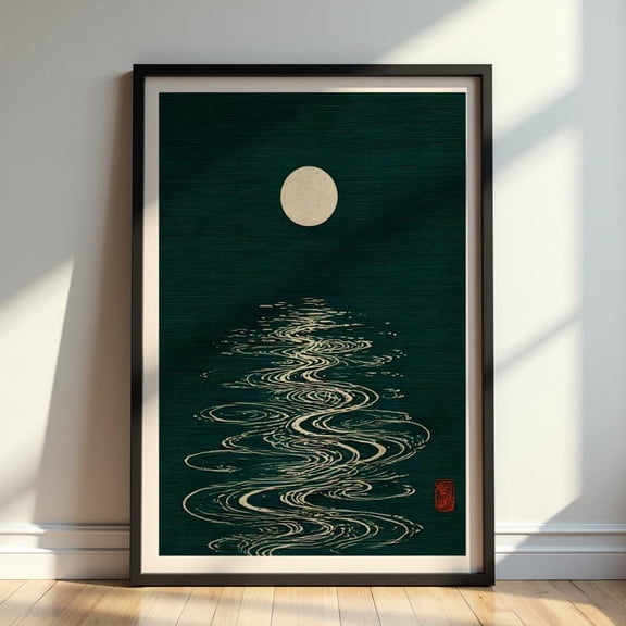 Moon Reflection Wall Art Japanese Minimalist Poster Zen Water Print Japandi Night Landscape Moonlight Artwork Modern Asian Decor