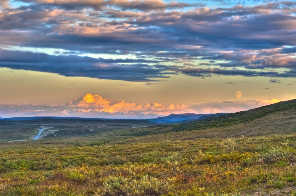 Moon Rising And Mount Drum At Sunset Along The Denali Highway Southcentral Alaska Autumn Hdr Canvas Art - Michael Jones Design Pics (17 x 11)