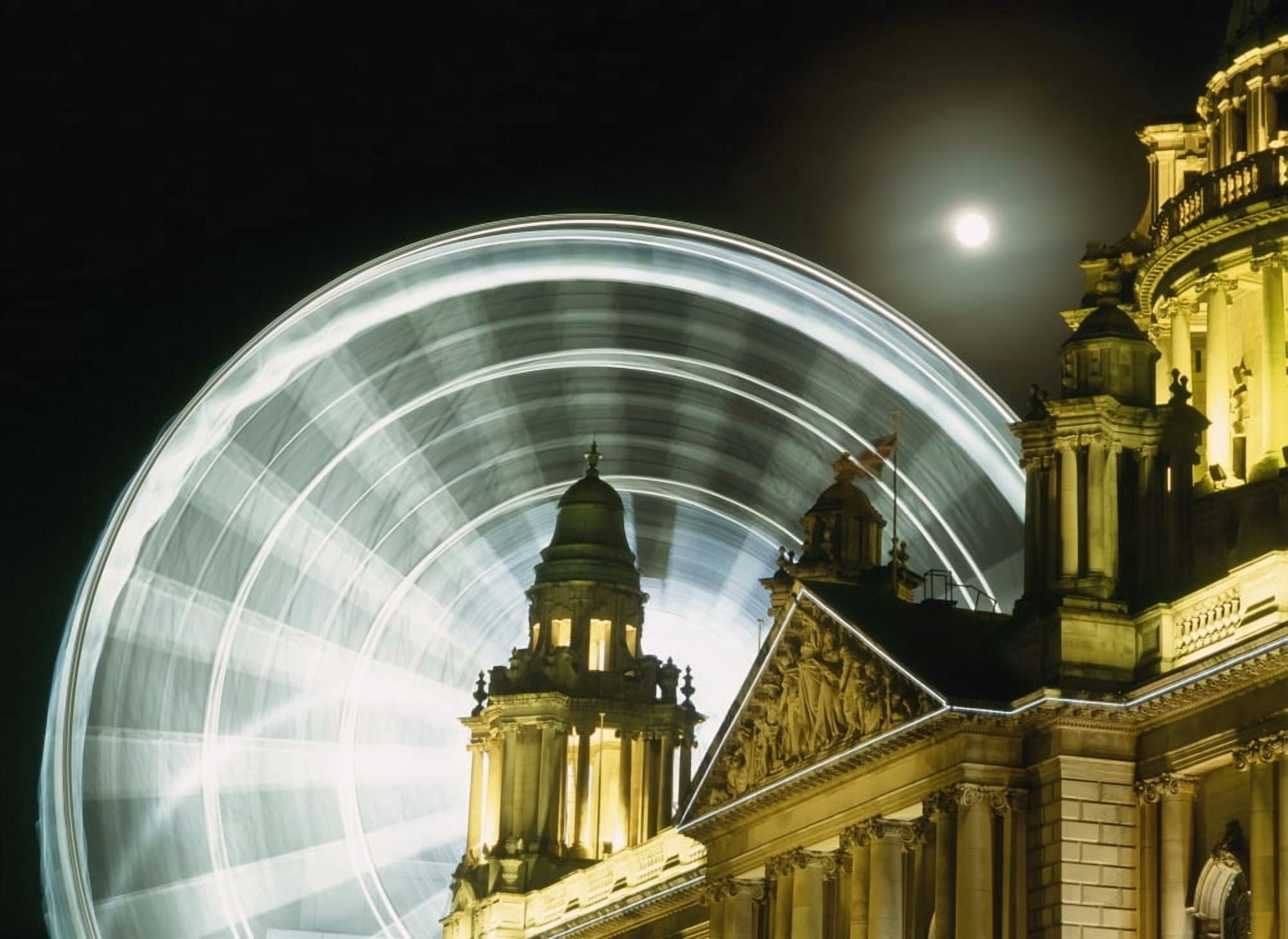 Moon Rising Behind Big Wheel And Belfast City Hall Canvas Art - Ian Cumming Design Pics (18 x 13)