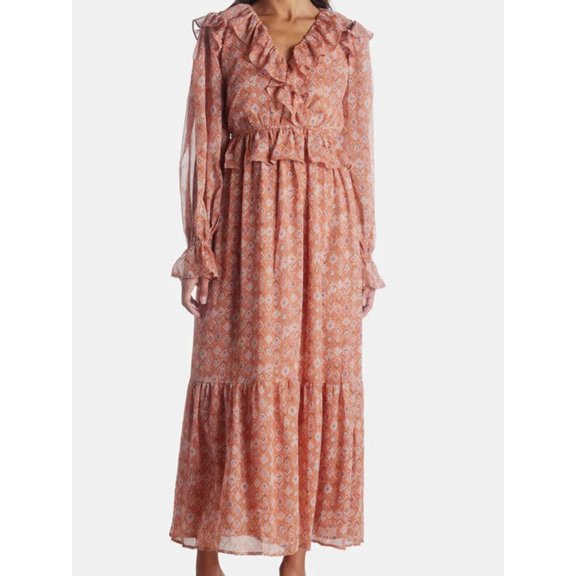 Moon River Midi Dress Womens Medium Coral Aztec Print Ruffle Puff Sleeve JDM1193