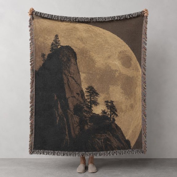 Moon & Rocky Cliff Woven Cotton Throw Blanket | Nature Landscape | Fringed Edges | 3 Sizes