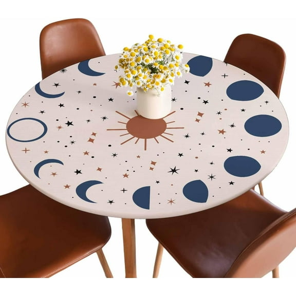 Moon Round Fitted Tablecloth Stars Sun Humility Gratitude Pink Blue Elastic Edge Tablecloth Waterproof Oilcloth Table Cover for 40"-44"