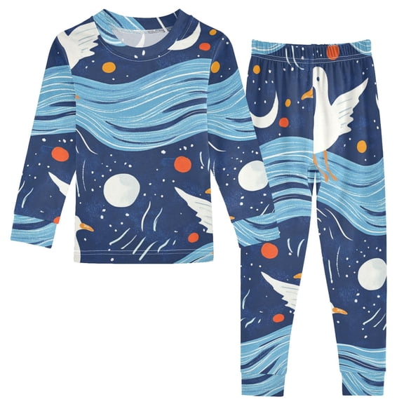 Moon Seagulls on Wave Cotton Pajama Set Long Sleeve Top and Pants Sleepwear Unisex 8Y