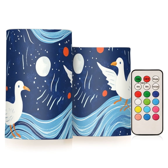 Moon Seagulls on Wave Flickering Flameless Candles LED Tealight Battery Operated with Remote Set of 2 Holiday Decor Ornaments