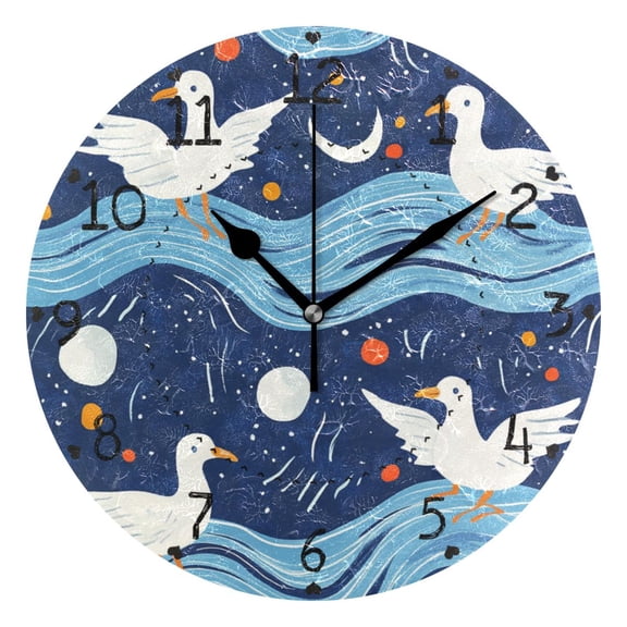 Moon Seagulls on Wave Round Wall Clock Silent Analog Battery Operated Black Pointer Home Decor 9.84" Diameter