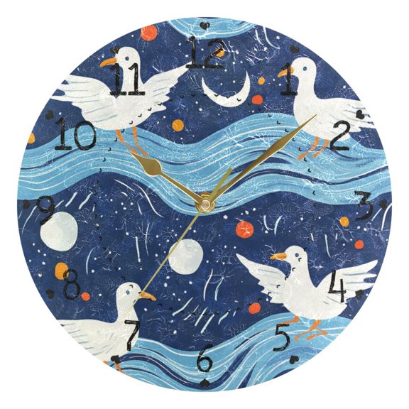 Moon Seagulls on Wave Round Wall Clock Silent Analog Battery Operated Gold Pointer Home Decor 9.84" Diameter