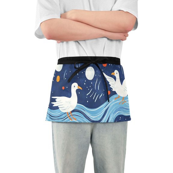 Moon Seagulls on Wave Short Server Apron with 3 Pockets for Unisex Chef Gardening