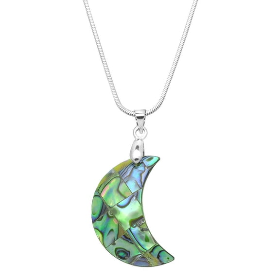 Moon Shape Abalone Shell Pendant Necklace Rhodium Plated 17 Inch Snake Chain J0747
