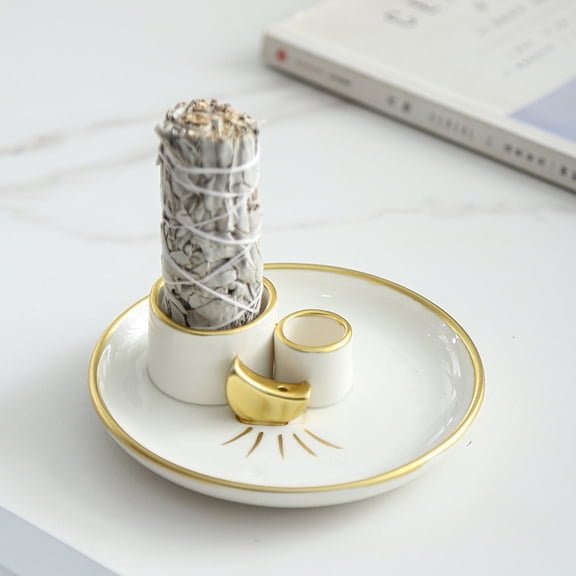 Moon Shape Ceramic Incense Tray, Palo Santo Sage Burner Dish, Aromatherapy Decorative Holder, Ornamental Ash Catcher for Home, Spa, Meditation & Scent Use, White, 4.92*1.77in