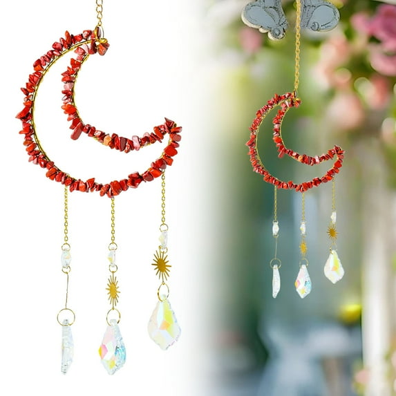 Moon Shape Hanging Wind Chimes, Crystal-Decorated Hanging Ornaments, Room Wall Decor, Crystal Dream Catcher Pendant for Windows, Gardens, Home Decoration