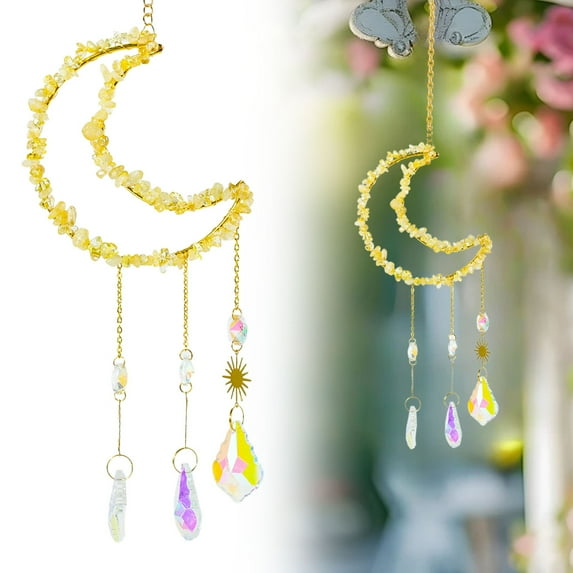 Moon Shape Hanging Wind Chimes, Crystal-Decorated Hanging Ornaments, Room Wall Decor, Crystal Dream Catcher Pendant for Windows, Gardens, Home Decoration