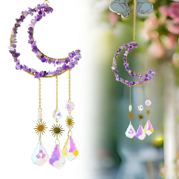 Moon Shape Hanging Wind Chimes, Crystal-Decorated Hanging Ornaments, Room Wall Decor, Crystal Dream Catcher Pendant for Windows, Gardens, Home Decoration