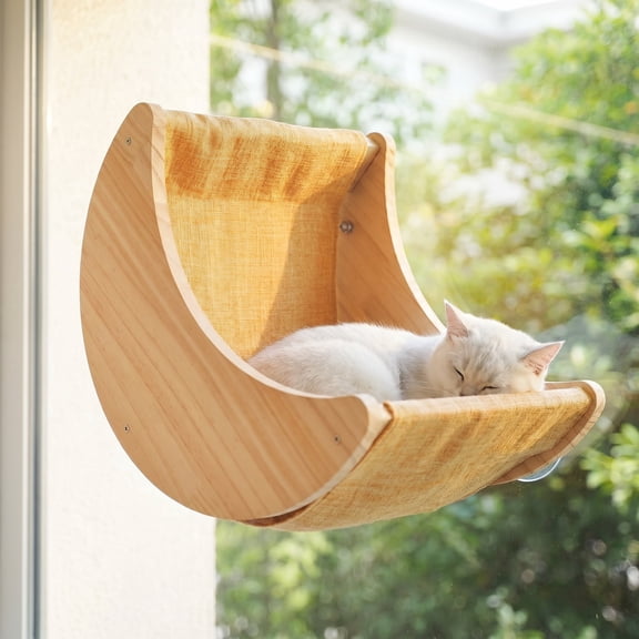 Moon-Shaped Cat Window Perch with Strong Suction Cups  Wooden Cat Bed for Window, Sunbathing and Bird Watching for Cats Up to 30 lbs