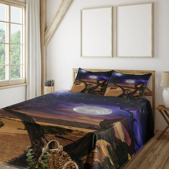 Ambesonne Moon Fitted & Top Sheet Set with Shams, Desert Night Nebula Stars, Caramel Purple