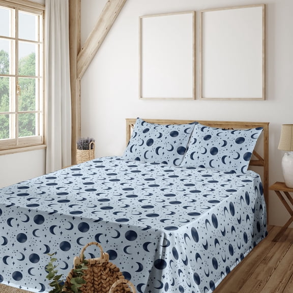 Ambesonne Moon Fitted & Flat Sheet with Shams 4 Pcs Set, Grunge Night Stars Crescent, Queen, Soft Blue Night Blue