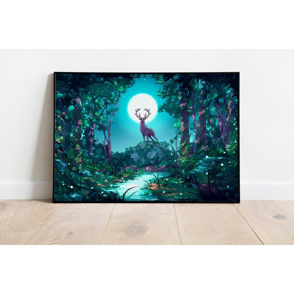 Moon Shining Deer In Magical Forest Poster