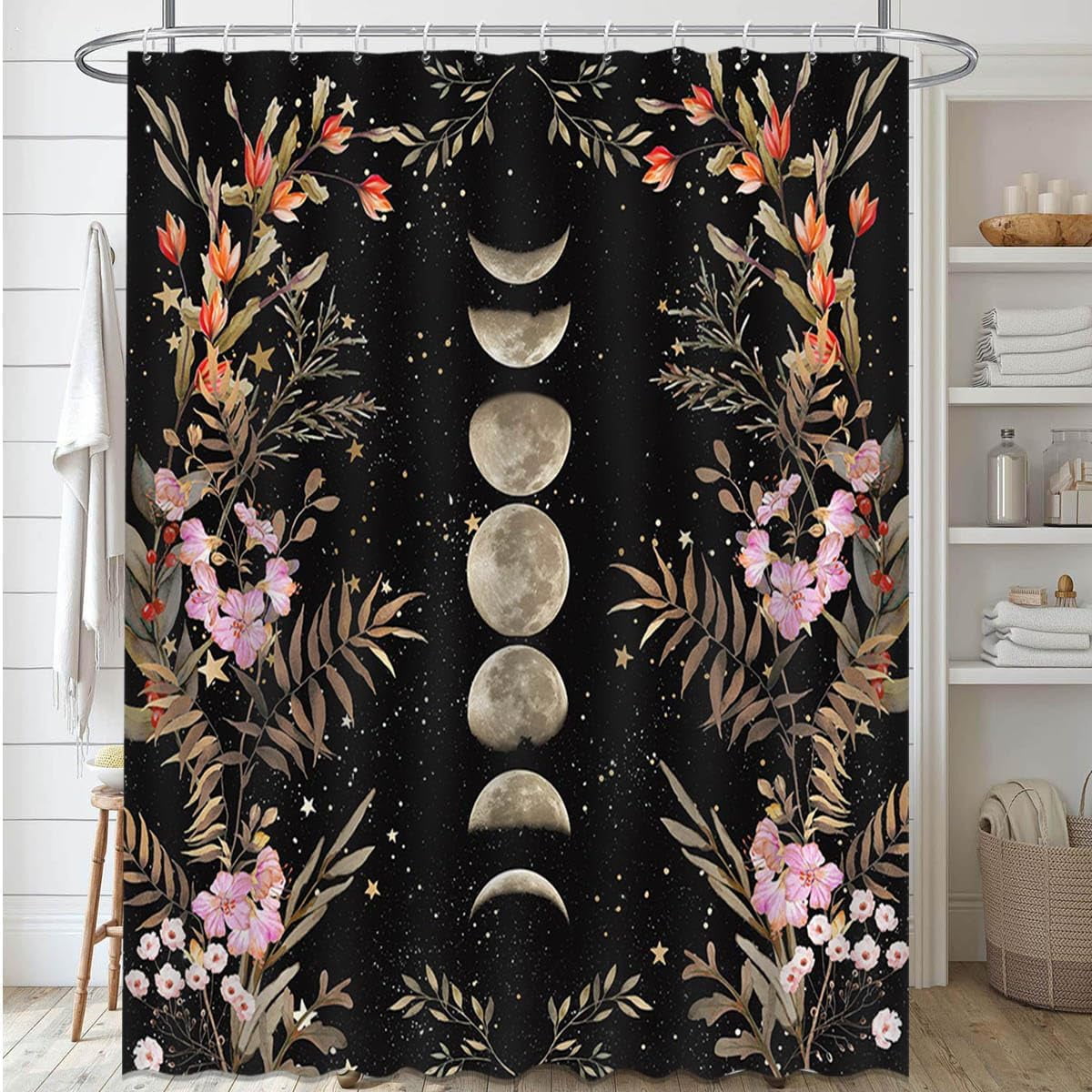 Moon Shower Curtain Floral Shower Curtain with 12 Hooks Black Witchy Gothic Aesthetic Bathroom Decor Waterproof Fabric Shower Curtain, 72''''X72''''