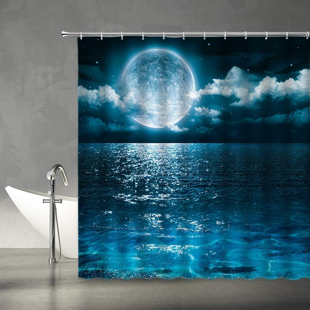 Moon Shower Curtain Full Moon Over Sea Ocean Clouds Planet Star Sky Dreamy Night Scene Black Blue Gray Bathroom Curtains Decor Polyester Fabric Include Hooks,(70" WX70 H)