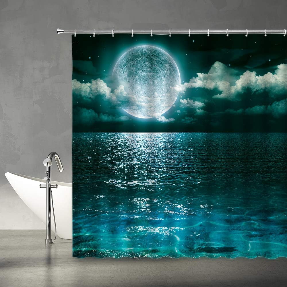 Moon Shower Curtain Full Moon Over Sea Ocean Clouds Planet Star Sky Dreamy Night Scene Black Green Gray Bathroom Curtains Decor Polyester Fabric Include Hooks,(36" WX70 H)