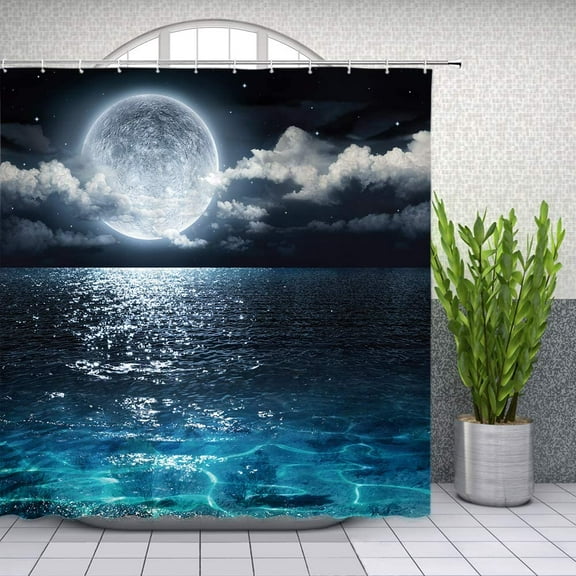 Moon Shower Curtain Full Moon Over Sea Ocean Clouds Planet Star Sky Dreamy Night Scene Black Navy Bathroom Curtains Decor Polyester Fabric Include Hooks 60"W x 72"L (Pack of 1)