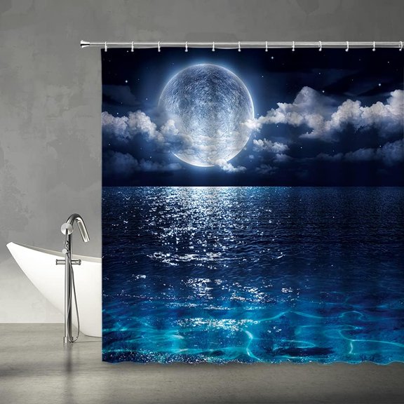 Moon Shower Curtain Full Moon Over Sea Ocean Clouds Planet Star Sky Dreamy Night Scene Black Purple Blue Bathroom Curtains Decor Polyester Fabric Include Hooks,(36" WX70 H)