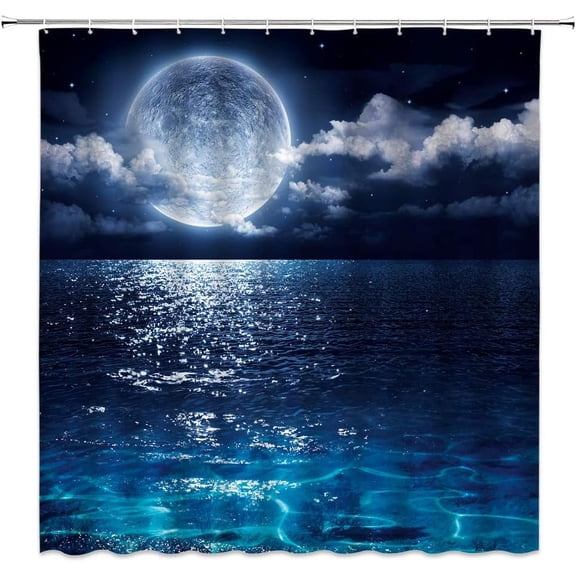Moon Shower Curtain Full Moon Over Sea Ocean Star Sky Planet Coulds Dreamy Night Scene Printed Black Blue Fabric Bathroom Decor Set with Hooks (36" WX70 H)
