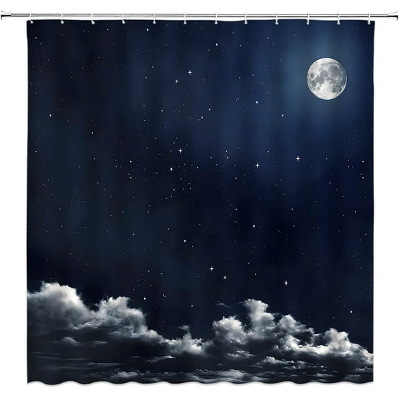 Moon Shower Curtain Night Starry Sky Cloud Stars Full Moon Sparkly Shiny Fantasy Galaxy Decor Polyester Fabric Include Hooks,(36"" Wx70 H), Blue 3