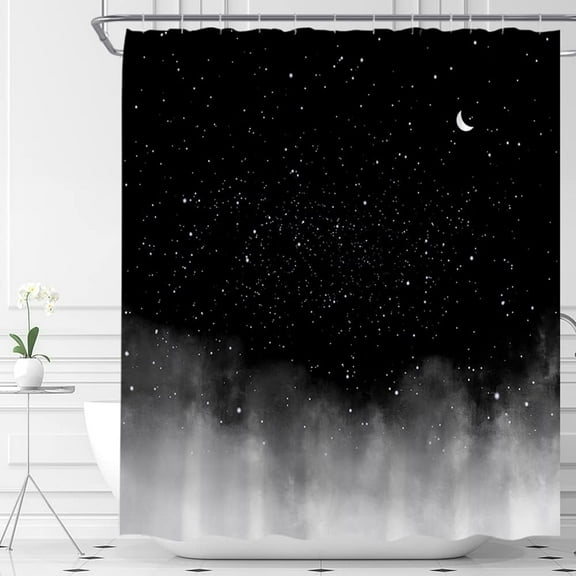 Moon Shower Curtain Night Starry Sky (No Glitter) Stars Fantasy Galaxy Universe Black Cosmic Fabric Bathroom Curtains Decor Set with Hook(72" WX72 H)