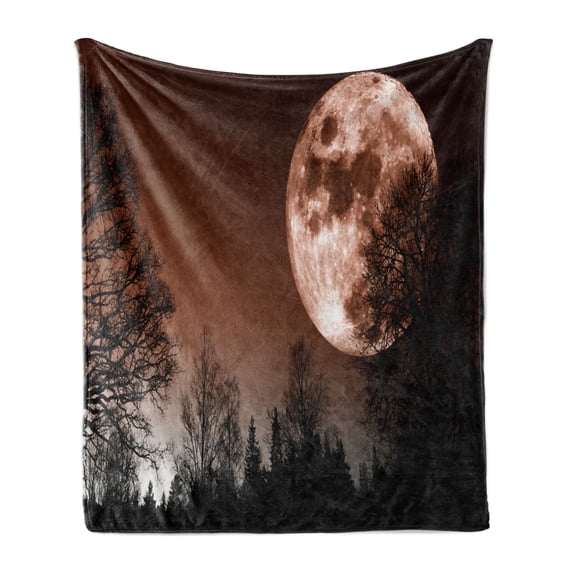 Moon Soft Flannel Fleece Blanket, Abstract Color Scheme with Forest Detailed Full Moon Nature Image Scenic Landscape, Cozy Plush for Indoor and Outdoor Use, 50" x 60", Redwood Black, by Ambesonne