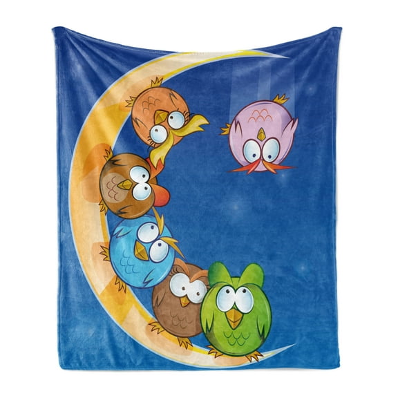 Moon Soft Flannel Fleece Blanket, Cartoon Owls Playing on the Moon Stars in the Background Colorful Drawing Style Print, Cozy Plush for Indoor and Outdoor Use, 50" x 70", Multicolor, by Ambesonne
