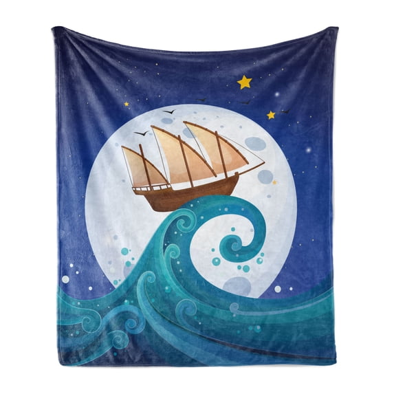 Moon Soft Flannel Fleece Blanket, Old Ship with Tempest Riding the Waves Full Moon and Stars Marine Cartoon Style, Cozy Plush for Indoor and Outdoor Use, 70" x 90", Blue Brown White, by Ambesonne