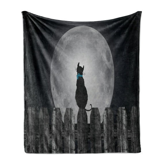 Moon Soft Flannel Fleece Blanket, Silhouette of a Cat Looking to Full Moon While Sitting on the Fence Animal, Cozy Plush for Indoor and Outdoor Use, 60" x 80", Black Pale Grey Blue, by Ambesonne