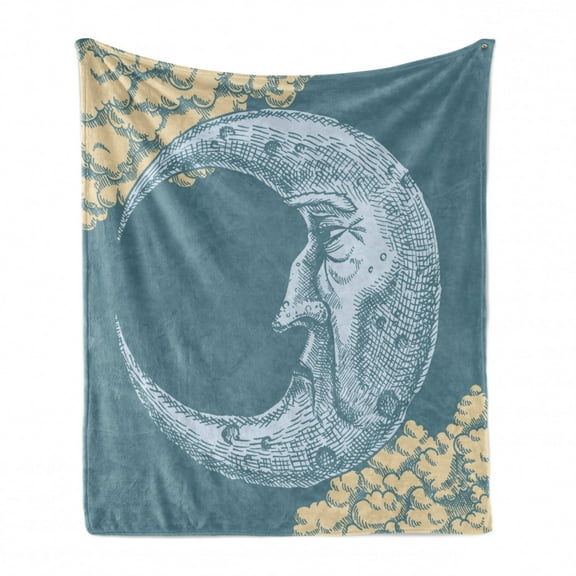 Moon Soft Flannel Fleece Blanket, Vintage Crescent Moon with Grumpy Facial Expression Abstract Hand Drawn Style, Cozy Plush for Indoor and Outdoor Use, 50" x 60", Slate Blue Mustard, by Ambesonne