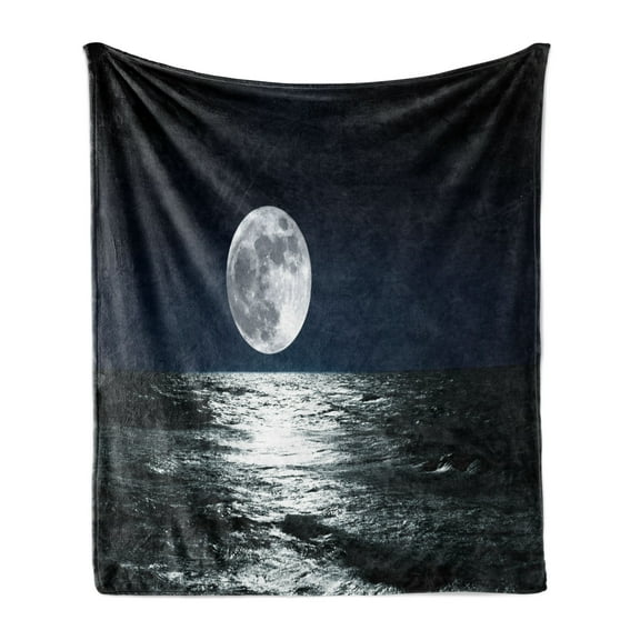 Moon Soft Flannel Fleece Throw Blanket, Big Moon and Its Reflection on the Sea Open Sky Ethereal Drawing Style, Cozy Plush for Indoor and Outdoor Use, 50" x 70", Dark Blue Black White, by Ambesonne