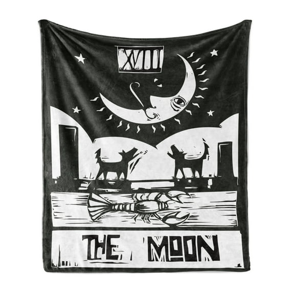 Moon Soft Flannel Fleece Throw Blanket, Brown White Drawing Lobster Wolves Crescent Moon Stars Tarot Card Design, Cozy Plush for Indoor and Outdoor Use, 50" x 60", Charcoal Grey White, by Ambesonne