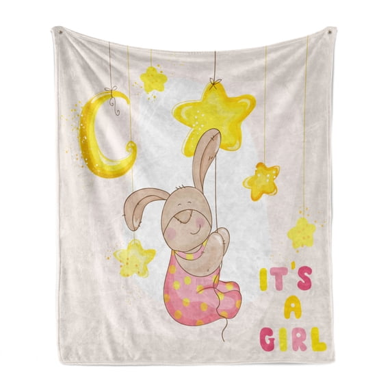 Moon Soft Flannel Fleece Throw Blanket, Cartoon Like Baby Bunny Hanging Stars and Moon Polka Dots Cheerful Art, Cozy Plush for Indoor and Outdoor Use, 70" x 90", Pale Pink Yellow Tan, by Ambesonne