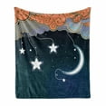 thumbnail image 1 of Moon Soft Flannel Fleece Throw Blanket, Cartoon Style Night Sky with Swirled Clouds Stars and Moon Dotted Lines, Cozy Plush for Indoor and Outdoor Use, 70" x 90", Dark Blue Salmon White, by Ambesonne, 1 of 6