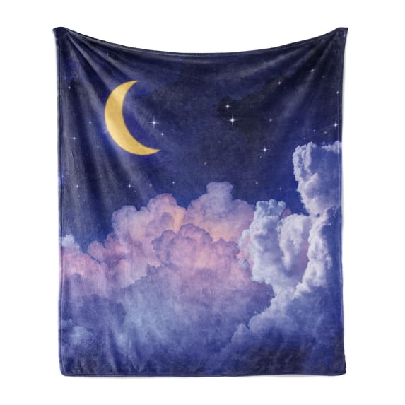 Moon Soft Flannel Fleece Throw Blanket, Cloudy Sky Illustration of the Moon and Stars in the Night Cosmic Universe Print, Cozy Plush for Indoor and Outdoor Use, 70" x 90", Yellow Purple, by Ambesonne