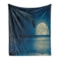 thumbnail image 1 of Moon Soft Flannel Fleece Throw Blanket, Full Moon Reflected on the Calm Water of a Tropical Beach Blue Toned Image, Cozy Plush for Indoor and Outdoor Use, 50" x 70", Blue White, by Ambesonne, 1 of 5